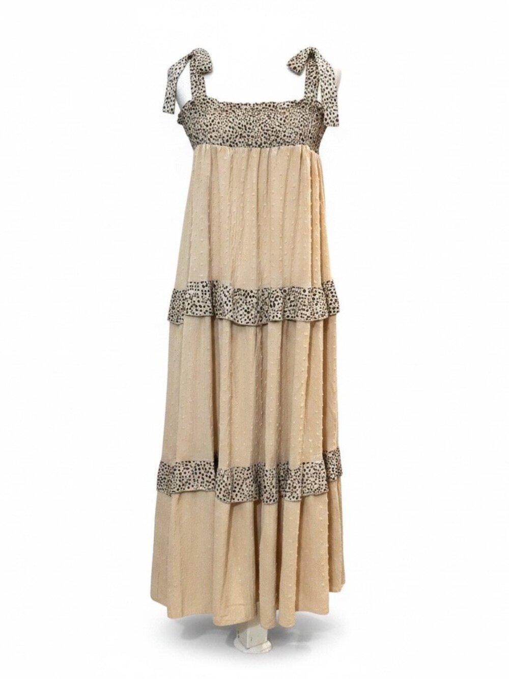 BucketList Womens M Tiered Maxi Dress Beige Boho Smocked Animal Print USA - Picture 2 of 9